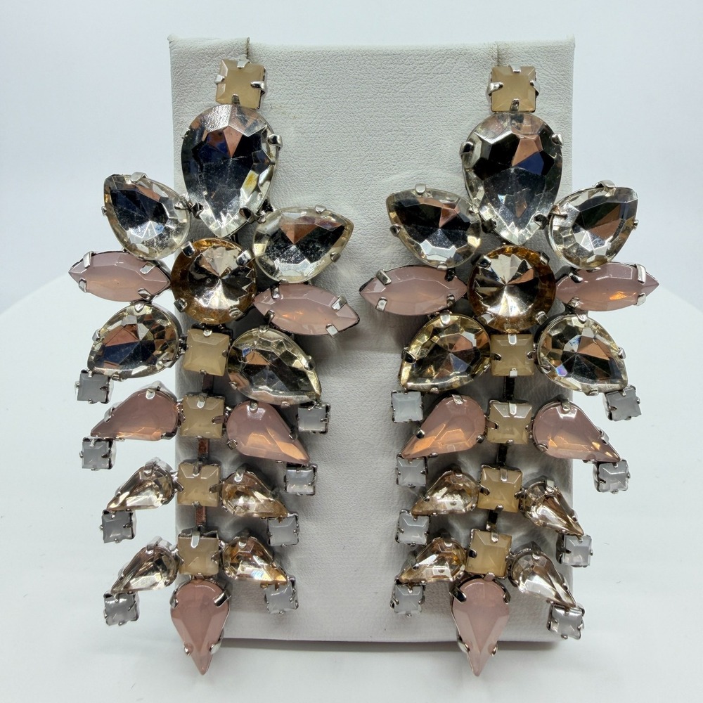 Vintage Glam Pastel Pink Rhinestone Chandelier Earrings Statement Pageant Drop